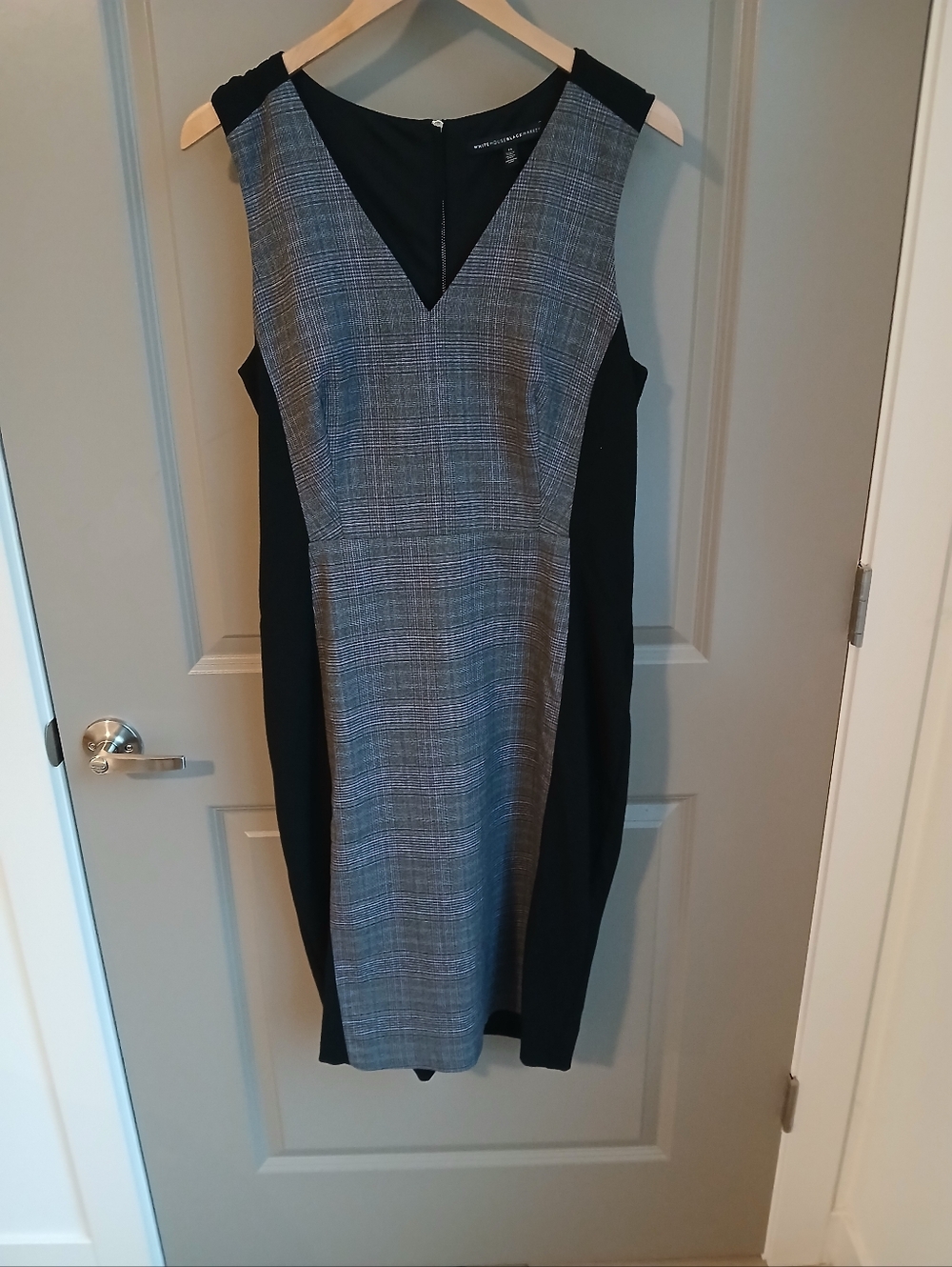 White House Black Market Gray Plaid Sheath Dress with Black Panels
